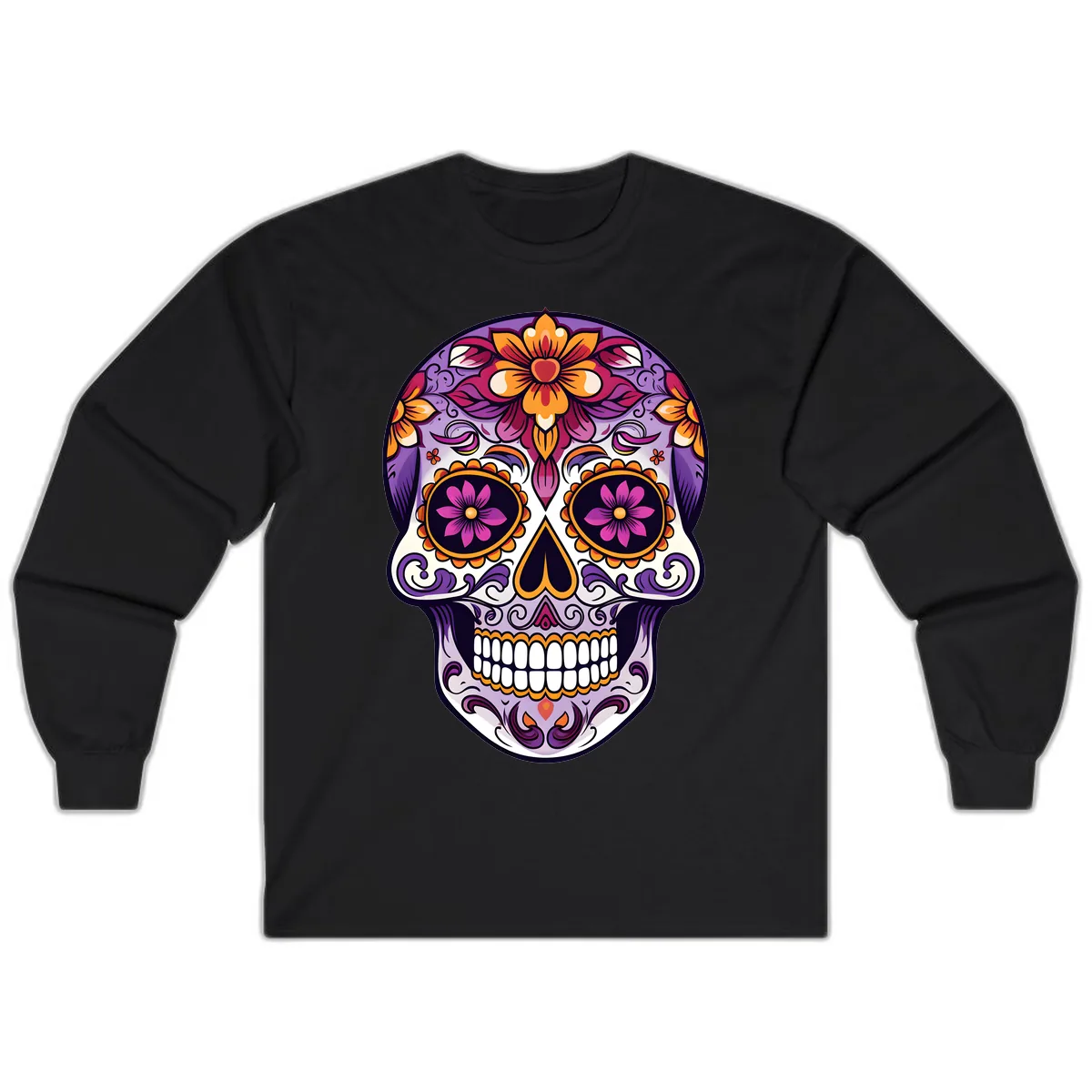 Vibrant Floral Calavera Sugar Skull Design Long Sleeve in Black