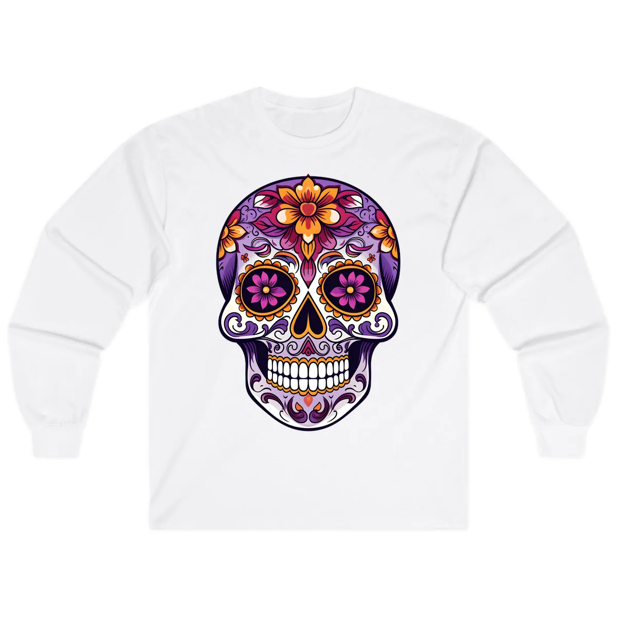 Vibrant Floral Calavera Sugar Skull Design Long Sleeve in White