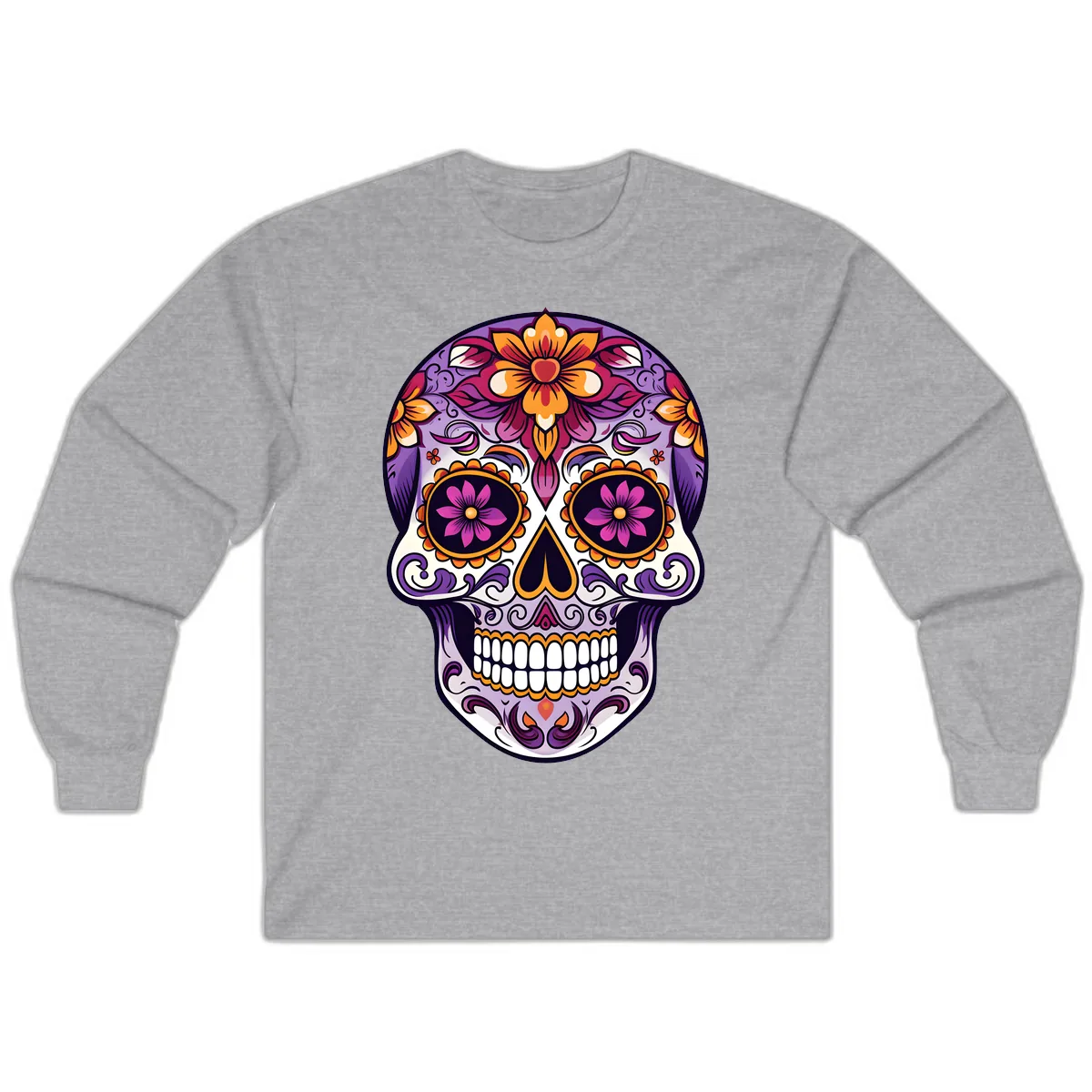 Vibrant Floral Calavera Sugar Skull Design Long Sleeve in Sport Grey