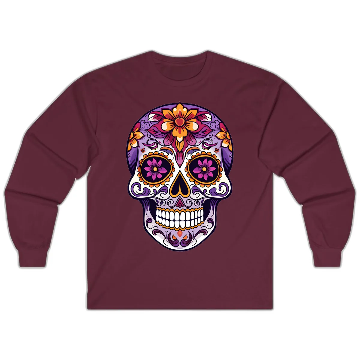 Vibrant Floral Calavera Sugar Skull Design Long Sleeve in Maroon