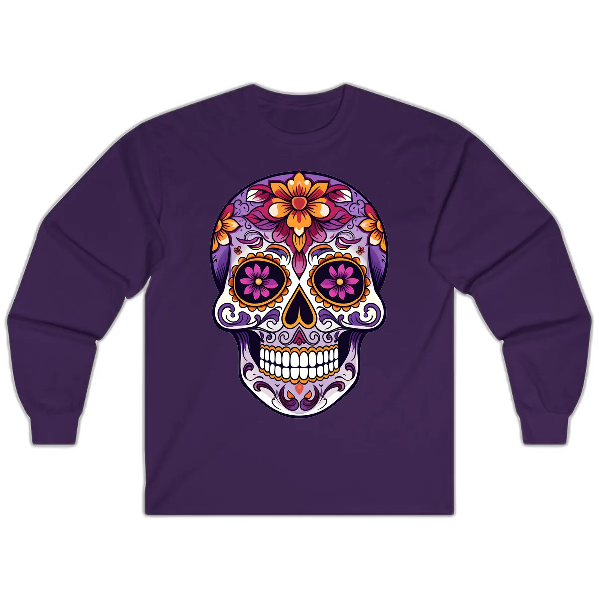 Vibrant Floral Calavera Sugar Skull Design Long Sleeve in Purple