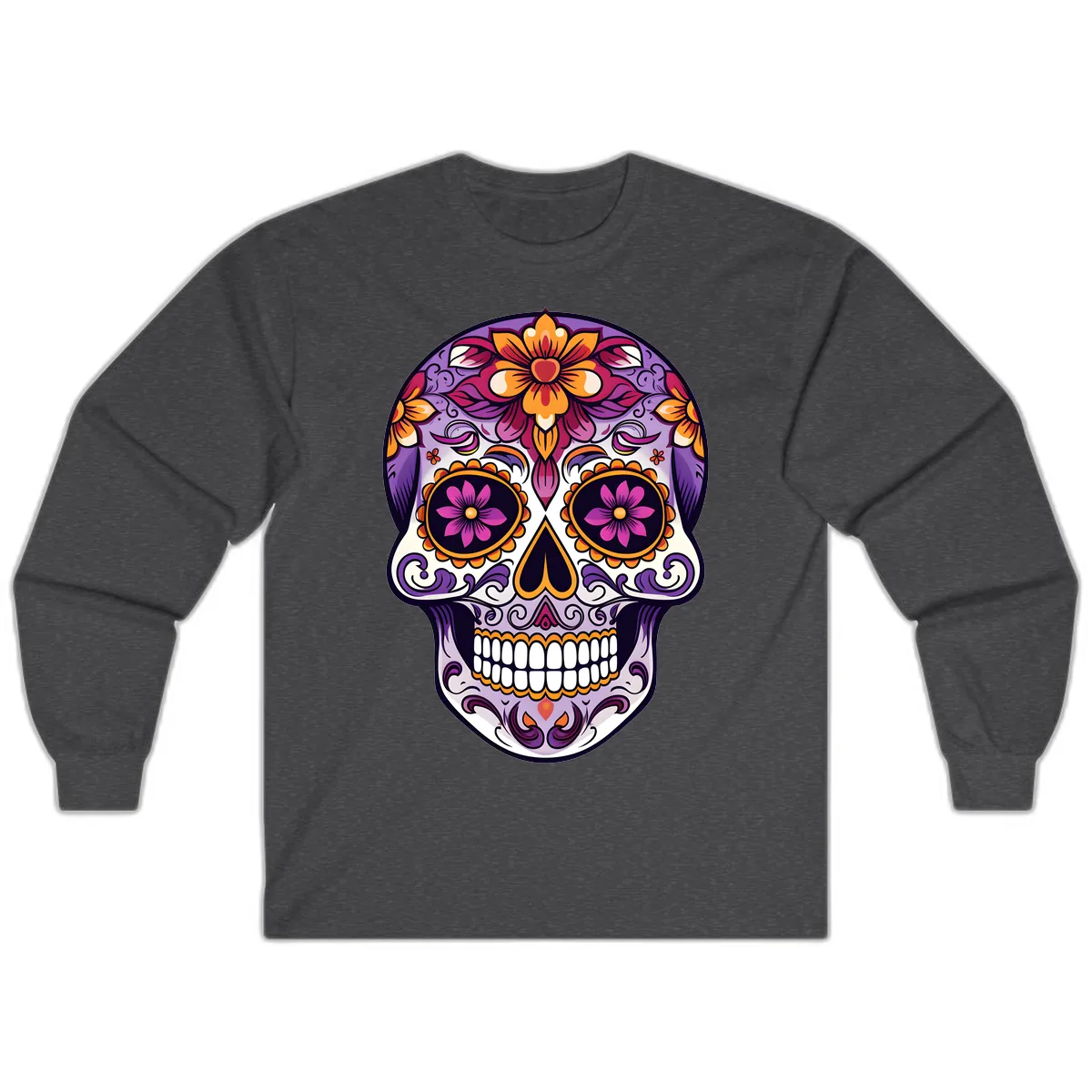 Vibrant Floral Calavera Sugar Skull Design Long Sleeve in Dark Heather