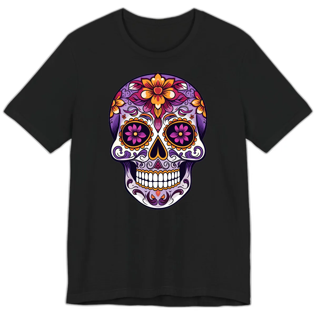 Vibrant Floral Calavera Sugar Skull Design Premium T-Shirt in Black