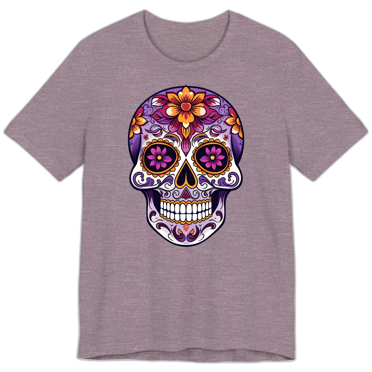 Vibrant Floral Calavera Sugar Skull Design Premium T-Shirt in Heather Purple