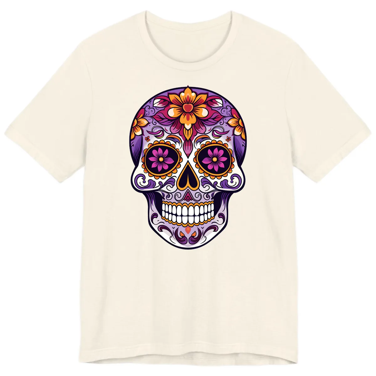 Vibrant Floral Calavera Sugar Skull Design Premium T-Shirt in Natural