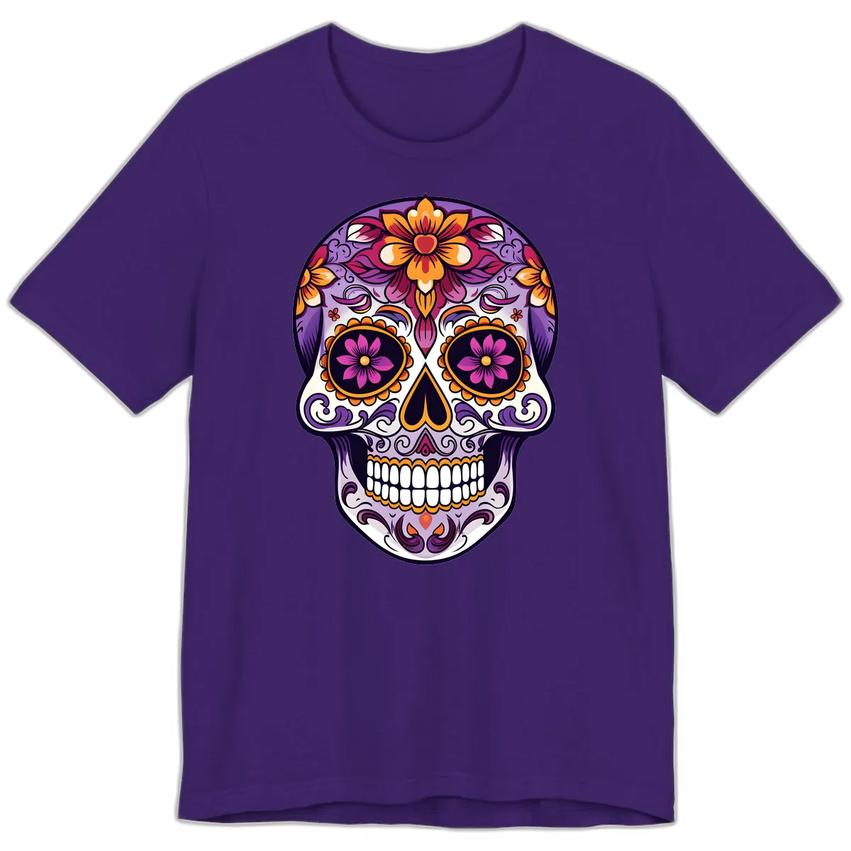 Vibrant Floral Calavera Sugar Skull Design Premium T-Shirt in Team Purple