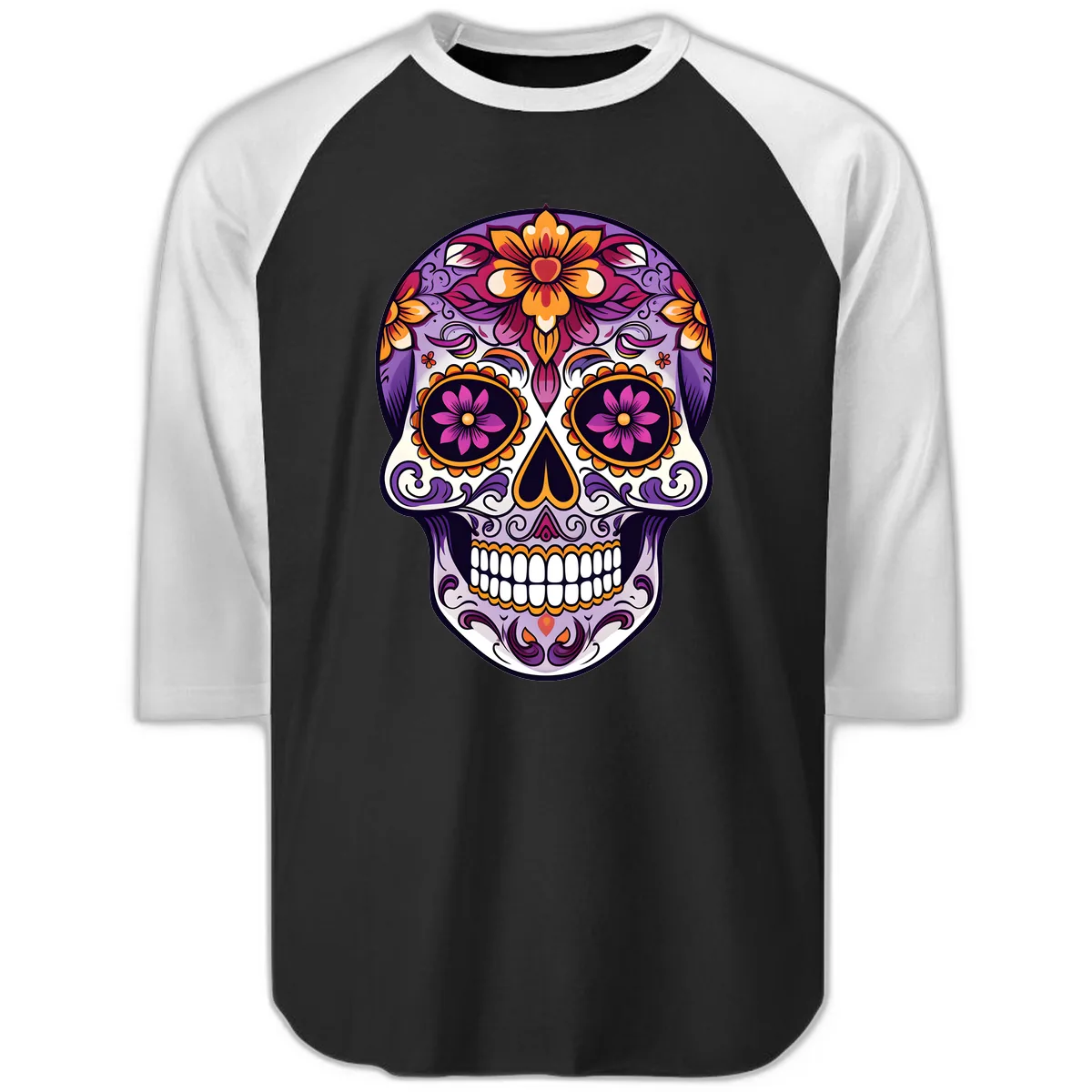 Vibrant Floral Calavera Sugar Skull Design Raglan 3/4 in Black White