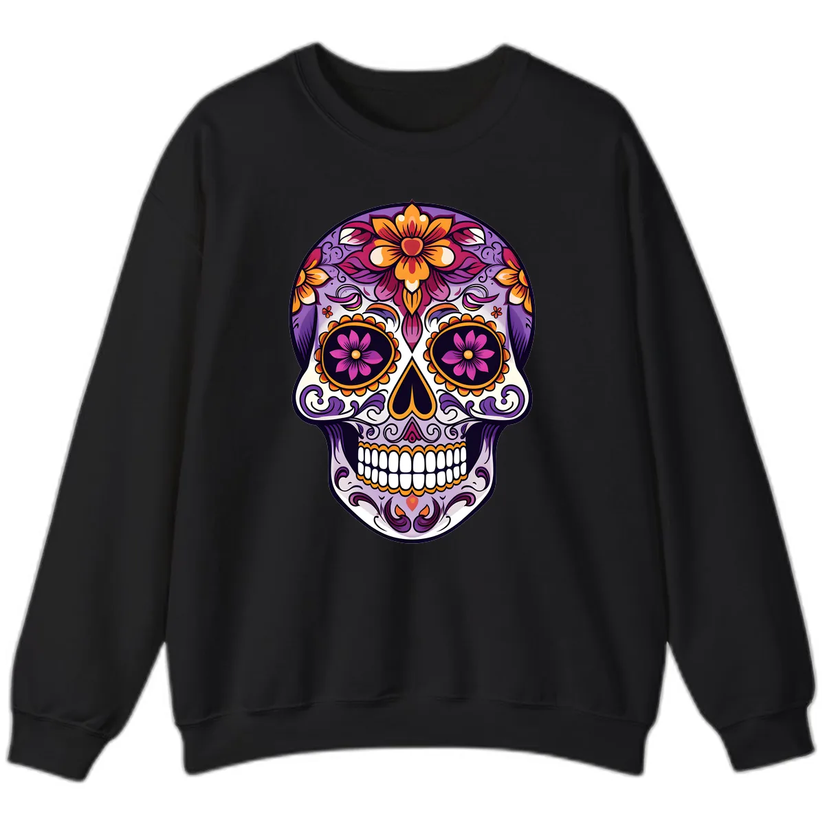 Vibrant Floral Calavera Sugar Skull Design Sweatshirt in Black