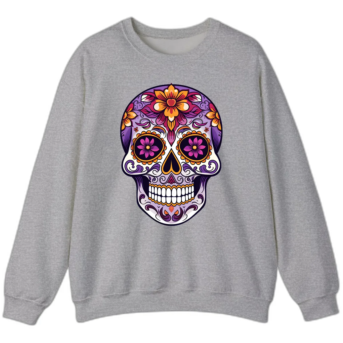 Vibrant Floral Calavera Sugar Skull Design Sweatshirt in Sport Grey