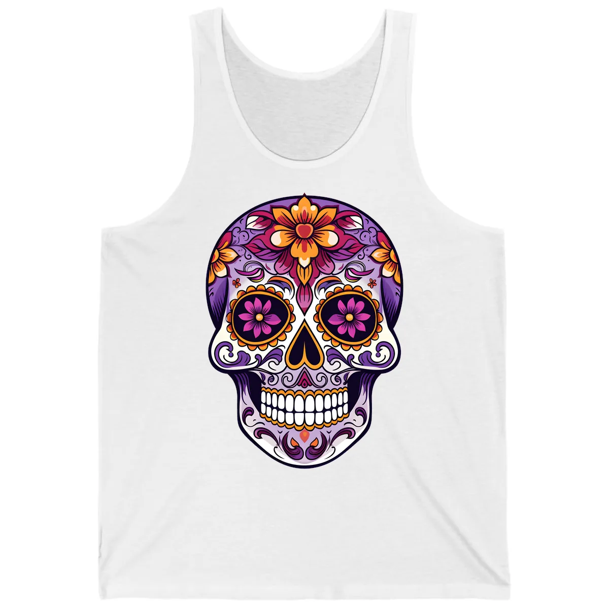 Vibrant Floral Calavera Sugar Skull Design Tank in White