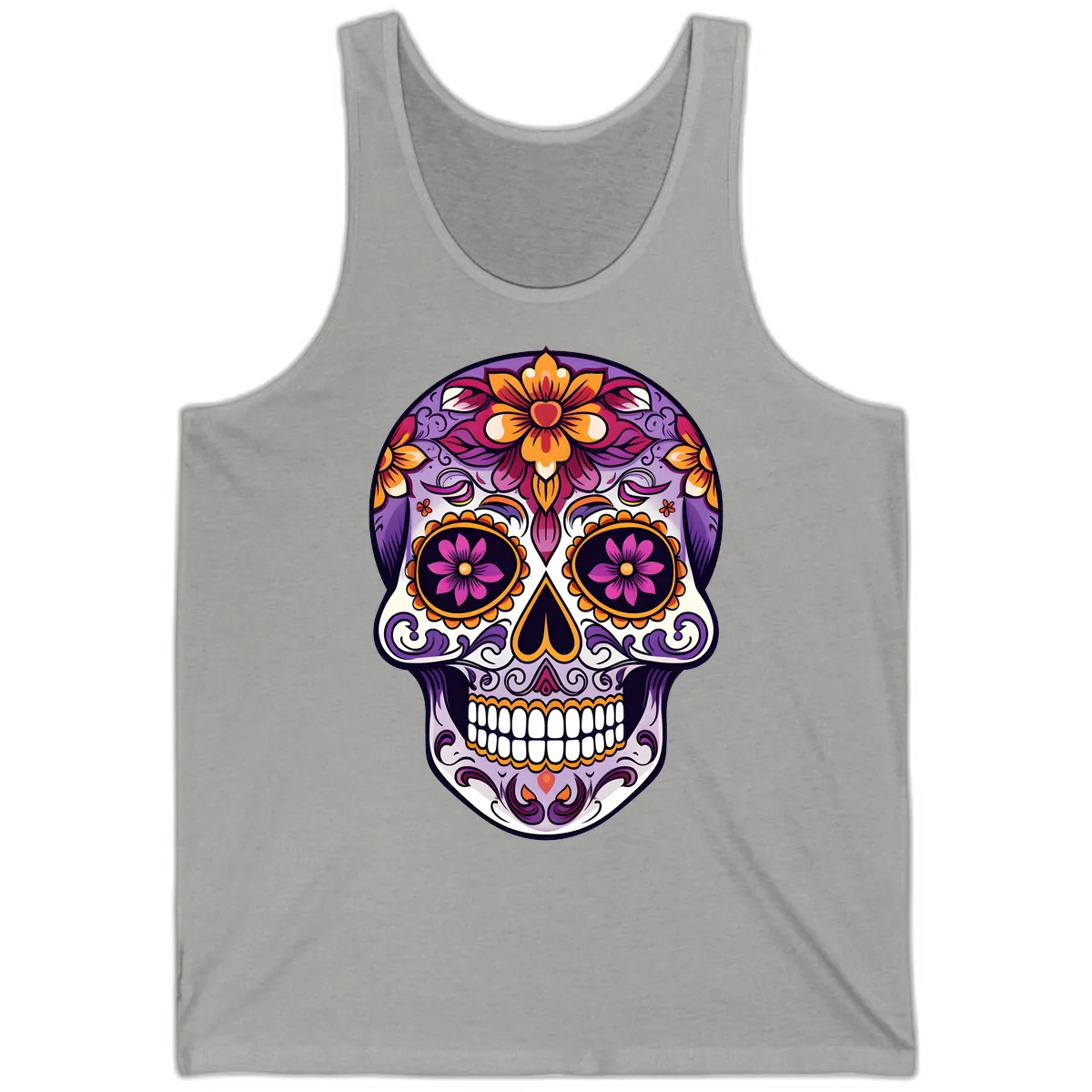 Vibrant Floral Calavera Sugar Skull Design Tank in Athletic Heather