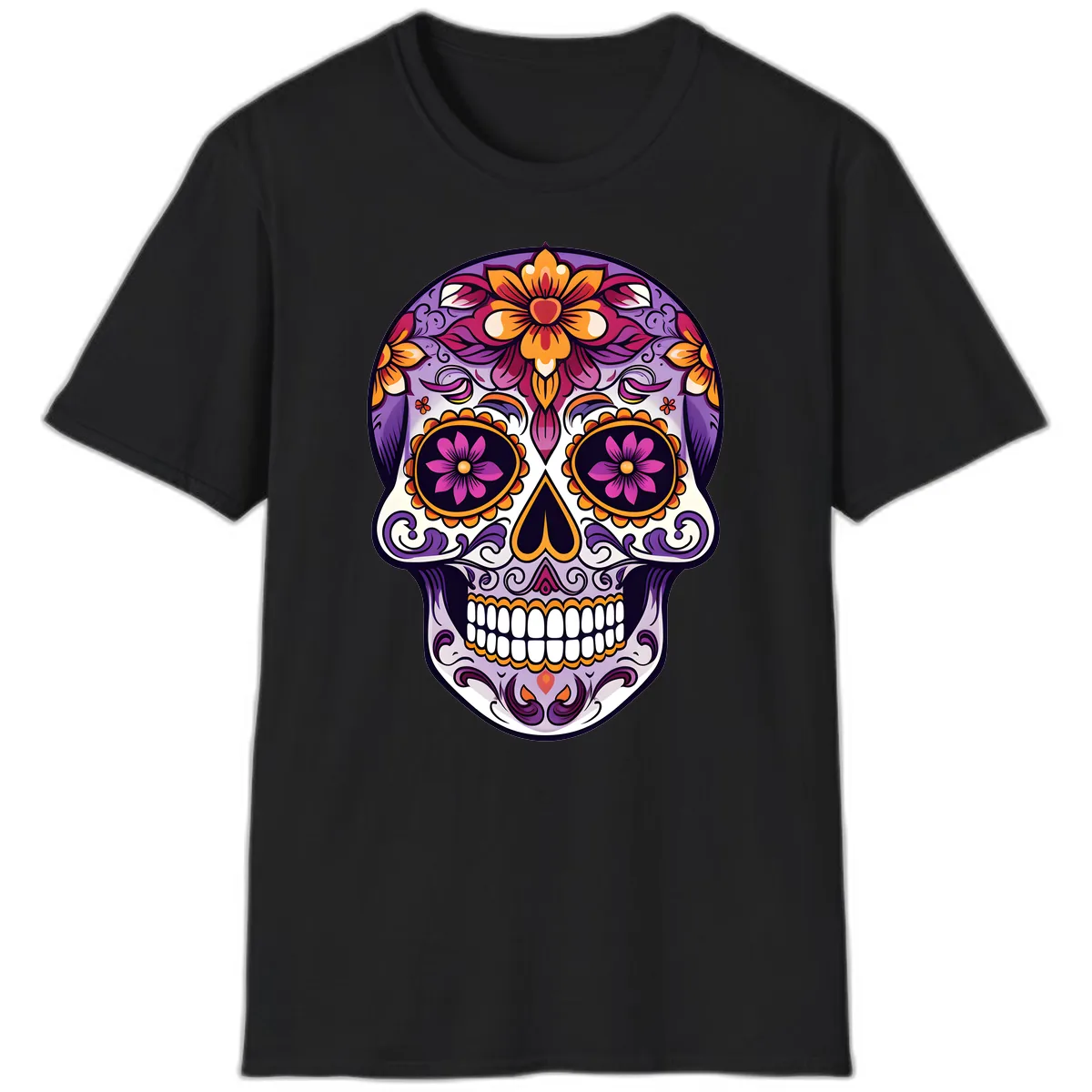 Vibrant Floral Calavera Sugar Skull Design T-Shirt in Black
