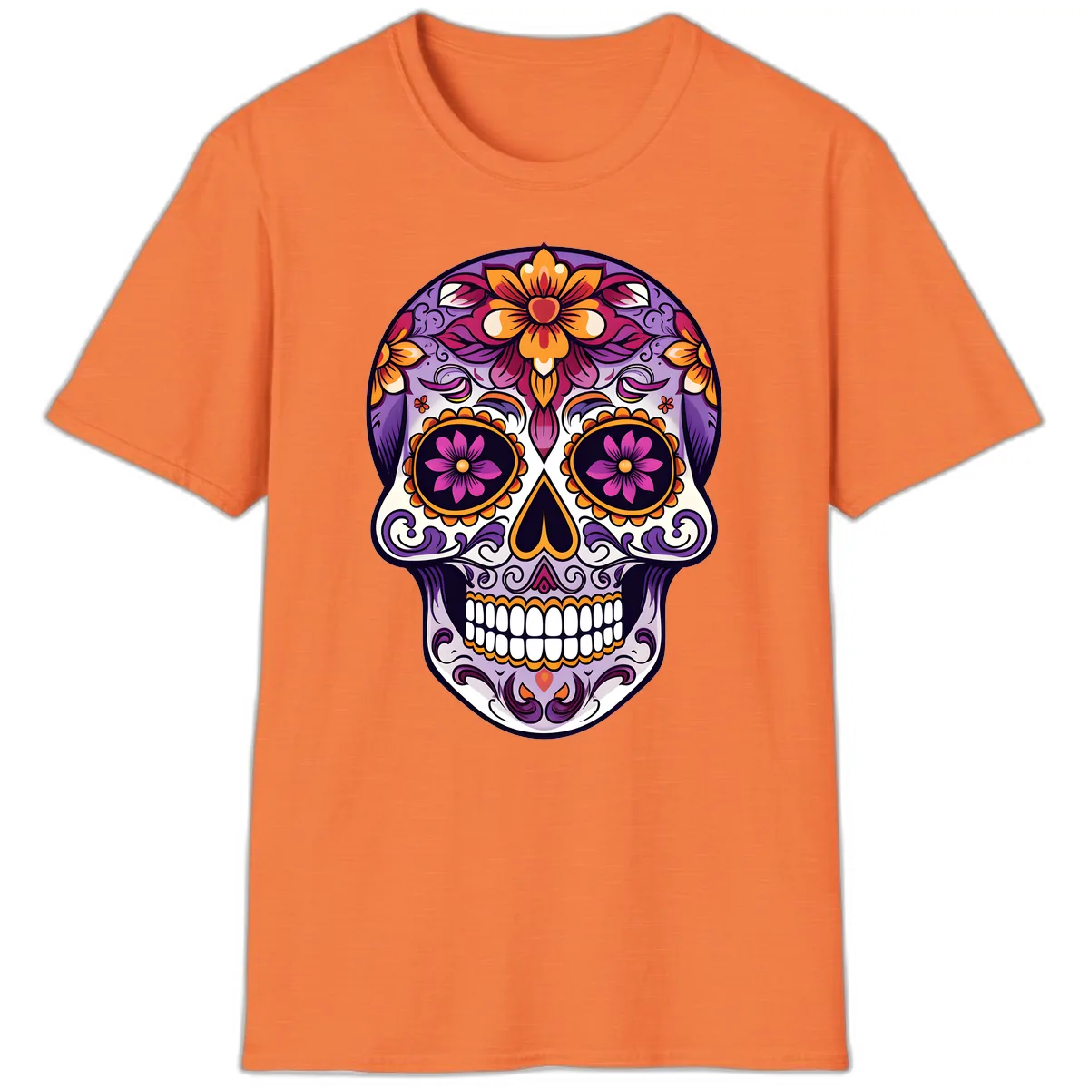 Vibrant Floral Calavera Sugar Skull Design T-Shirt in Heather Orange