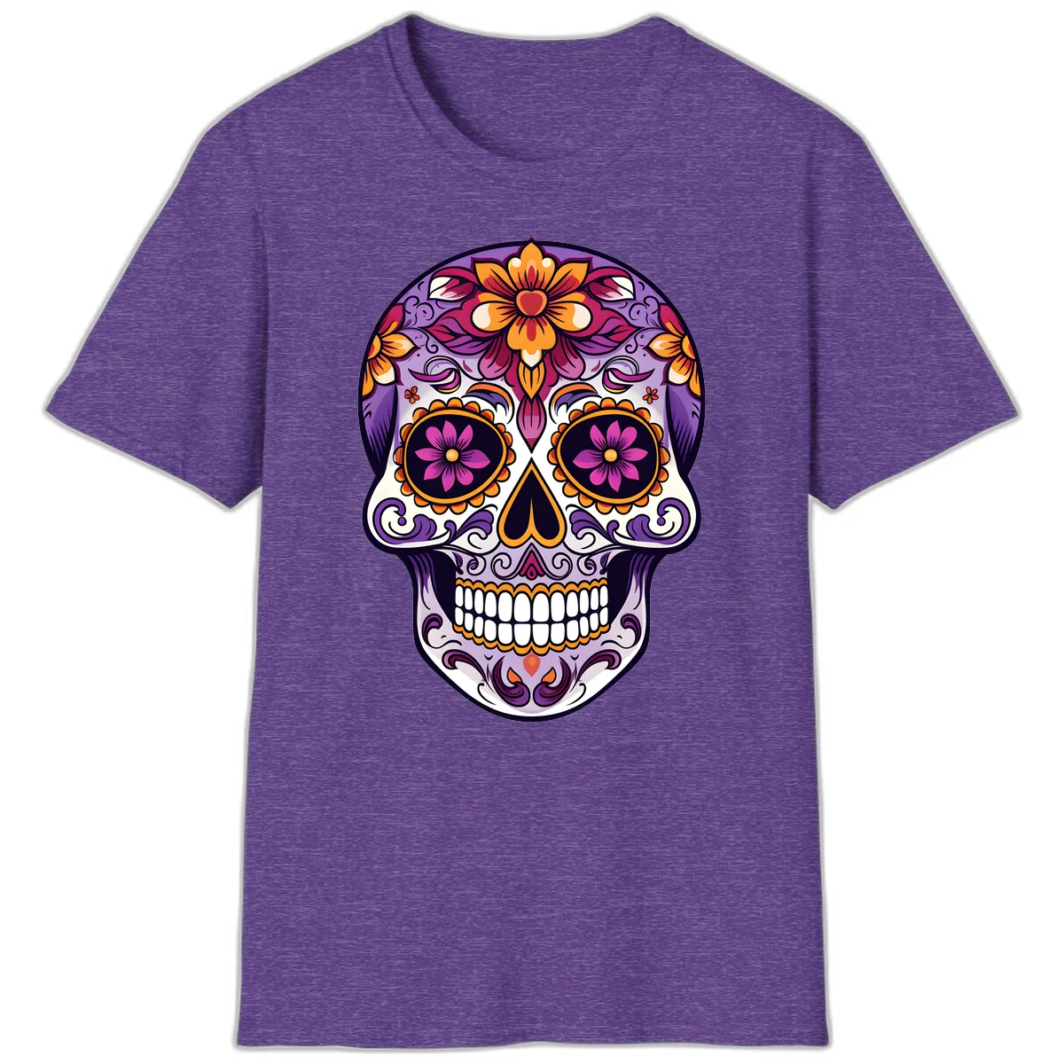 Vibrant Floral Calavera Sugar Skull Design T-Shirt in Heather Purple