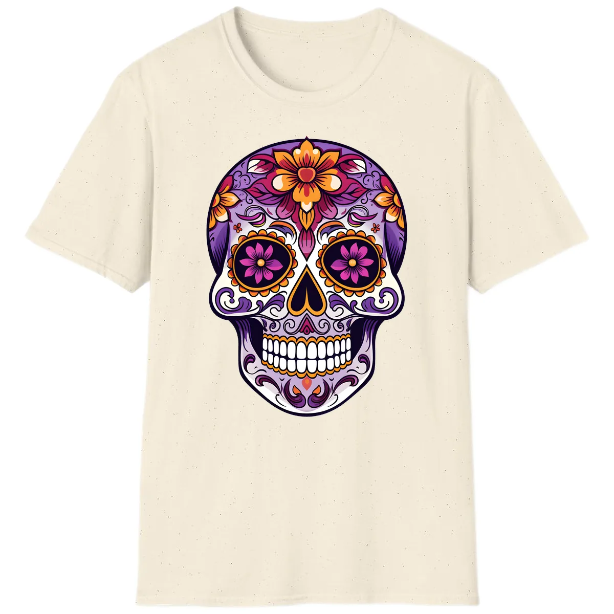 Vibrant Floral Calavera Sugar Skull Design T-Shirt in Natural