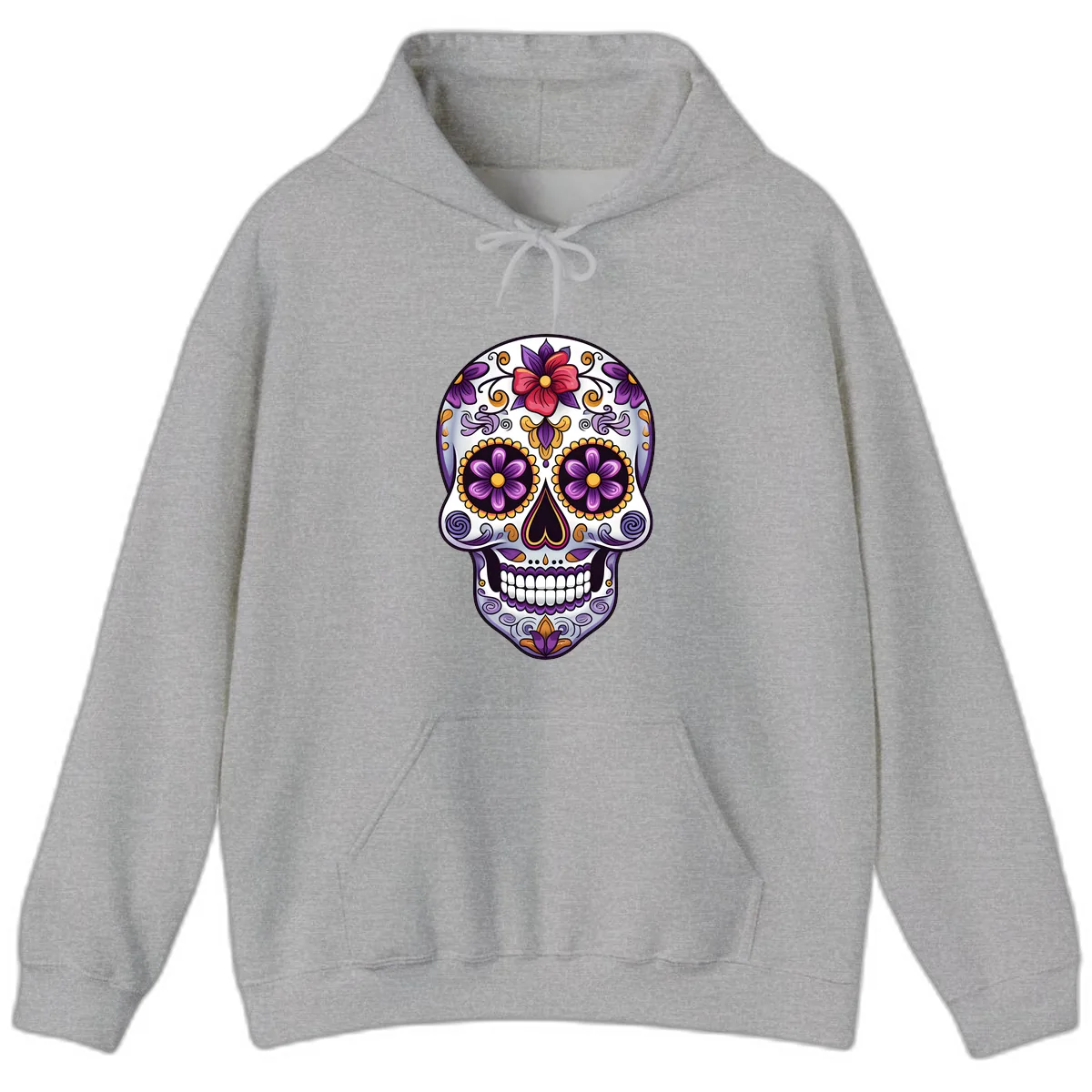 Vibrant Floral Calavera Sugar Skull Hoodie in Sport Grey