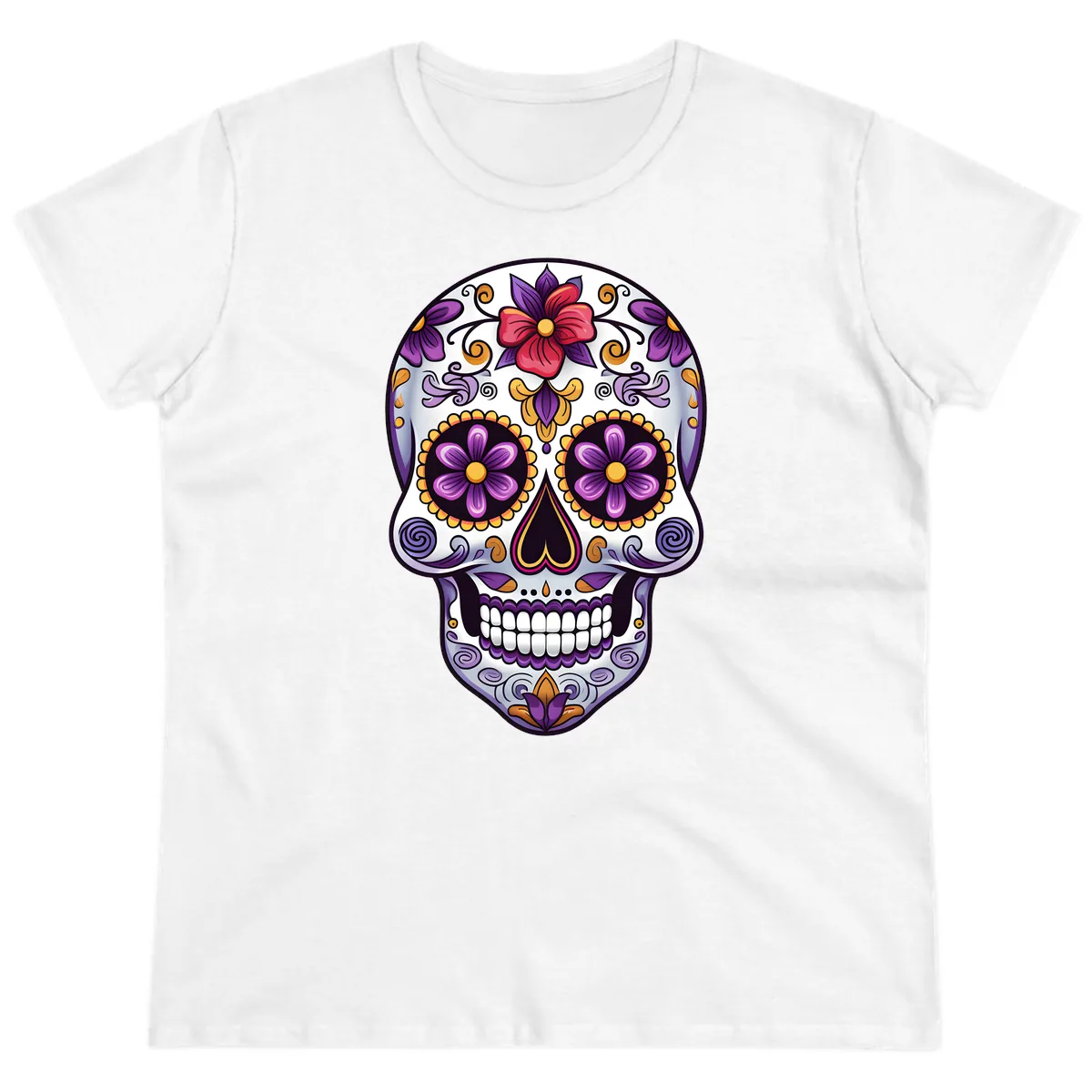 Vibrant Floral Calavera Sugar Skull Ladies Tee in White