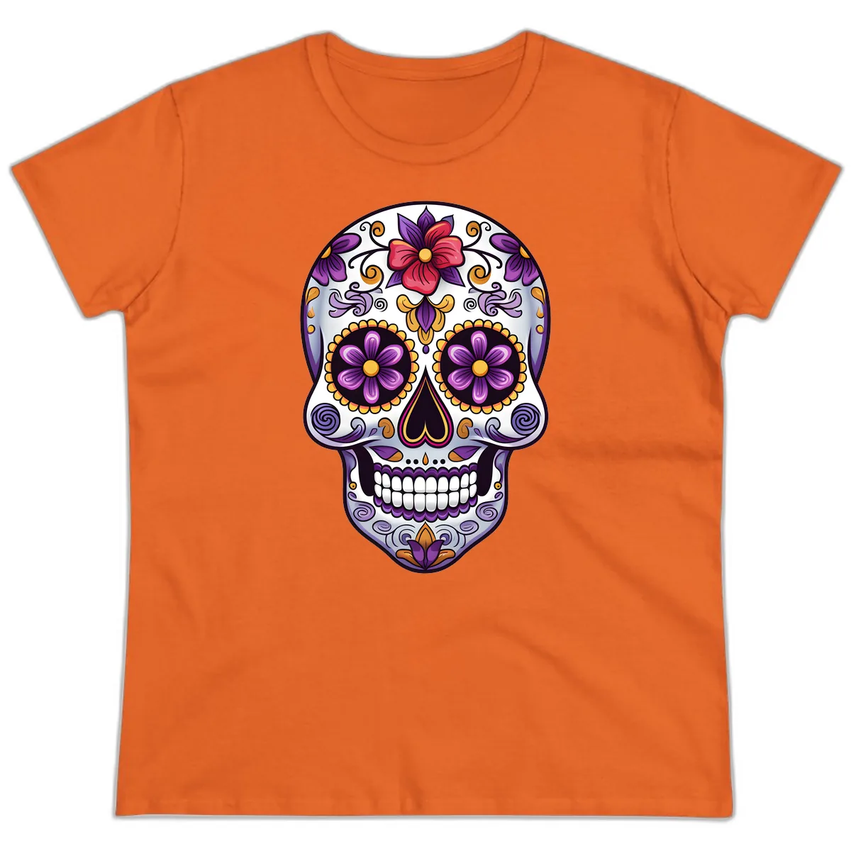 Vibrant Floral Calavera Sugar Skull Ladies Tee in Orange
