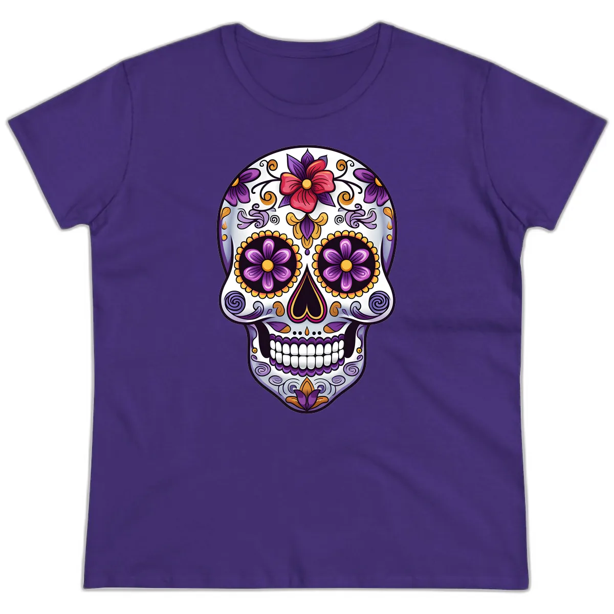 Vibrant Floral Calavera Sugar Skull Ladies Tee in Purple