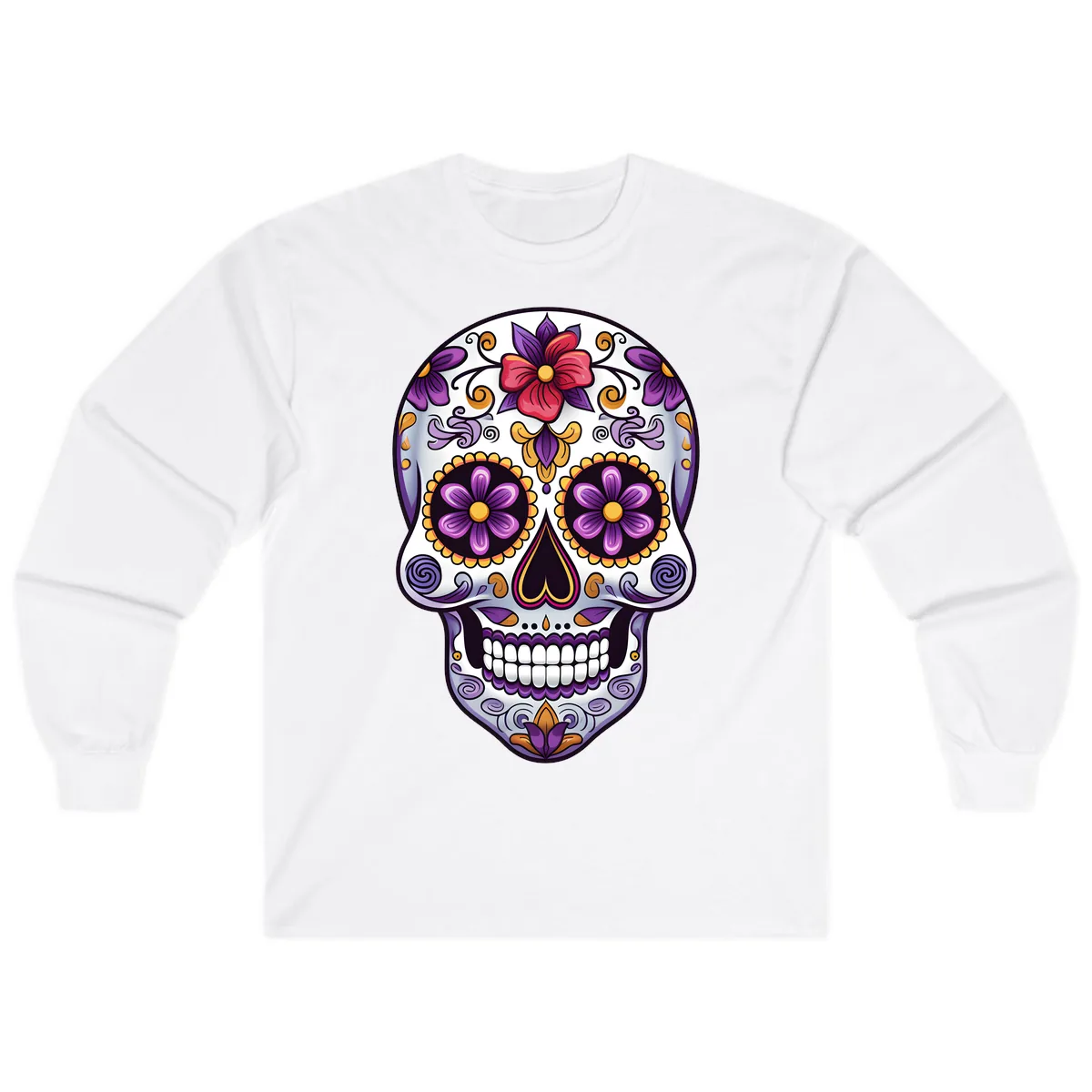 Vibrant Floral Calavera Sugar Skull Long Sleeve in White