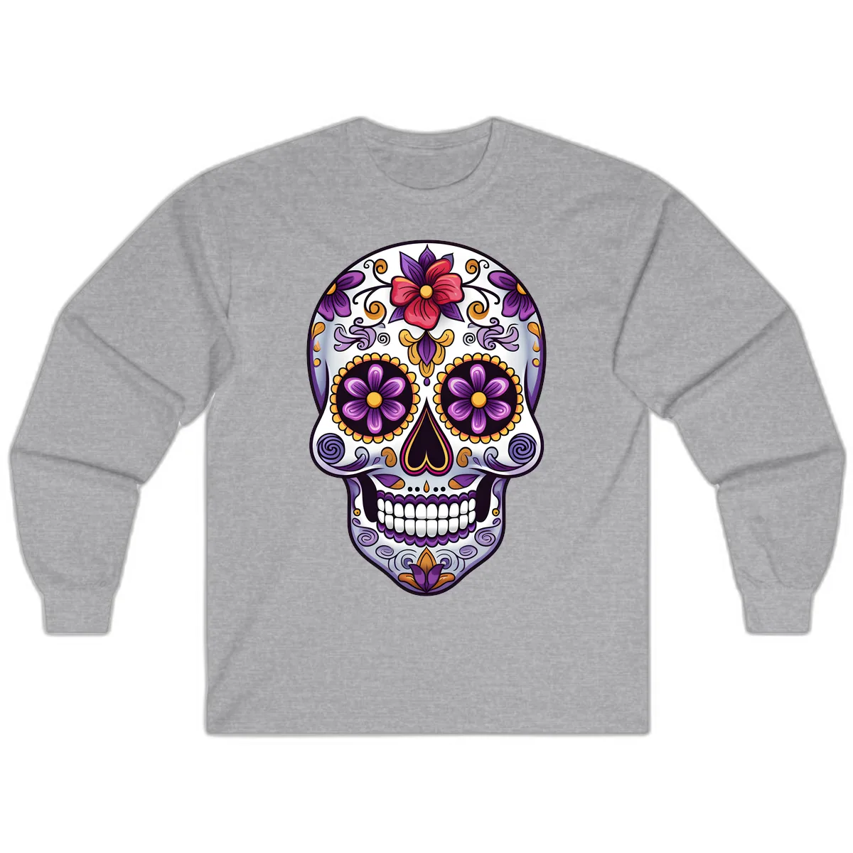 Vibrant Floral Calavera Sugar Skull Long Sleeve in Sport Grey