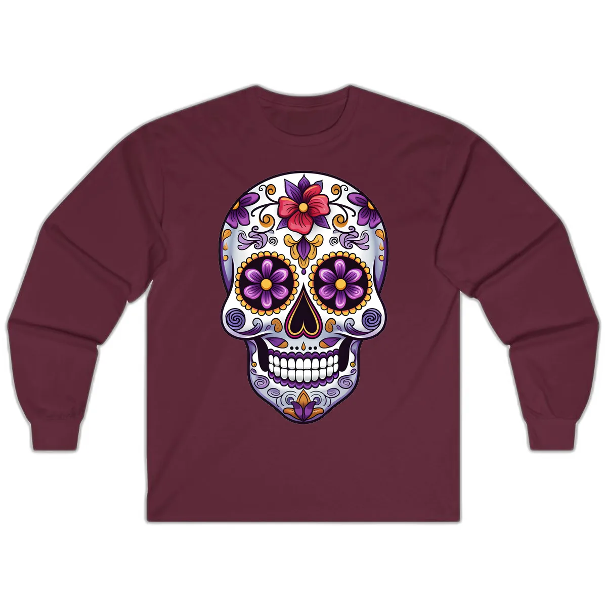 Vibrant Floral Calavera Sugar Skull Long Sleeve in Maroon