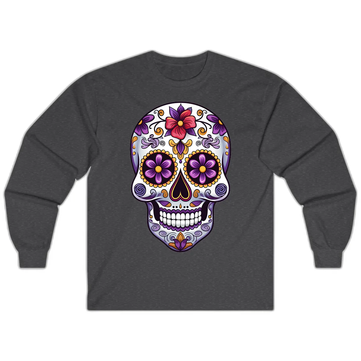 Vibrant Floral Calavera Sugar Skull Long Sleeve in Dark Heather