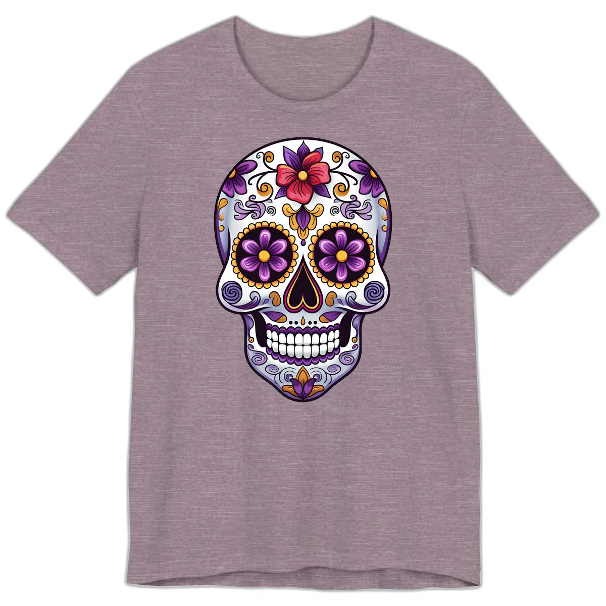 Vibrant Floral Calavera Sugar Skull Premium T-Shirt in Heather Purple