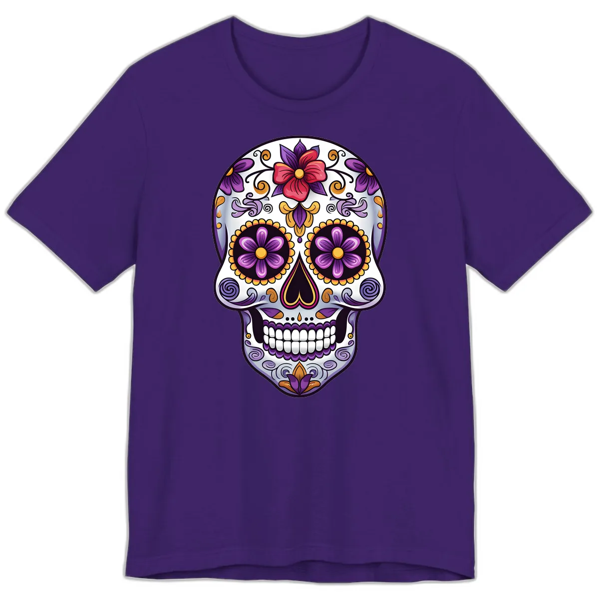Vibrant Floral Calavera Sugar Skull Premium T-Shirt in Team Purple