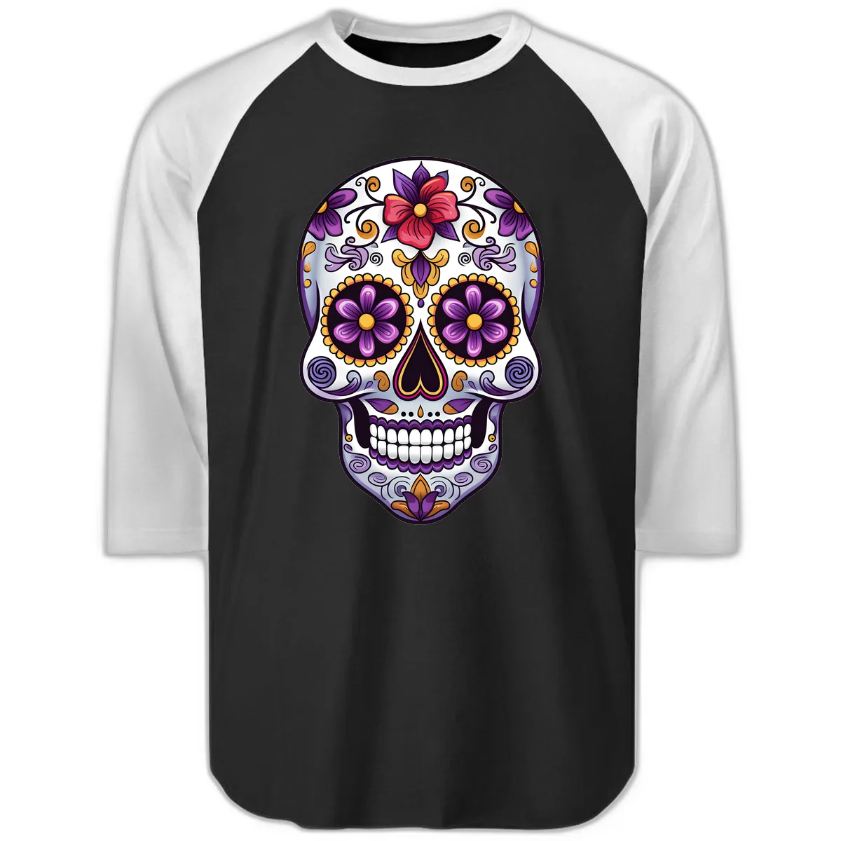 Vibrant Floral Calavera Sugar Skull Raglan 3/4 in Black White