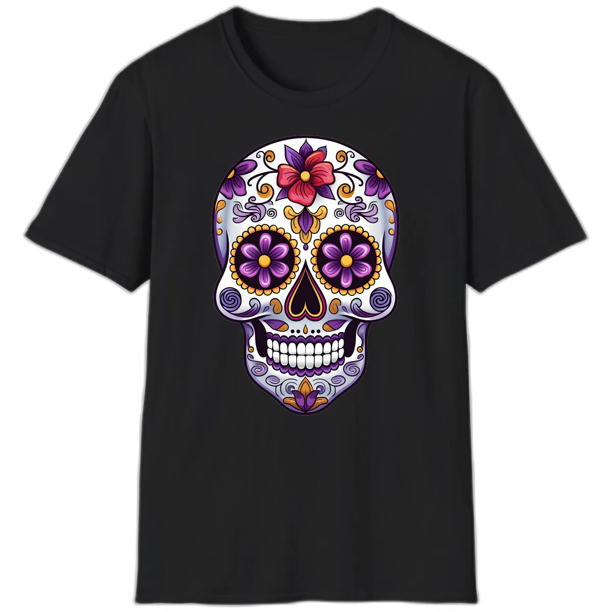 Vibrant Floral Calavera Sugar Skull T-Shirt in Black