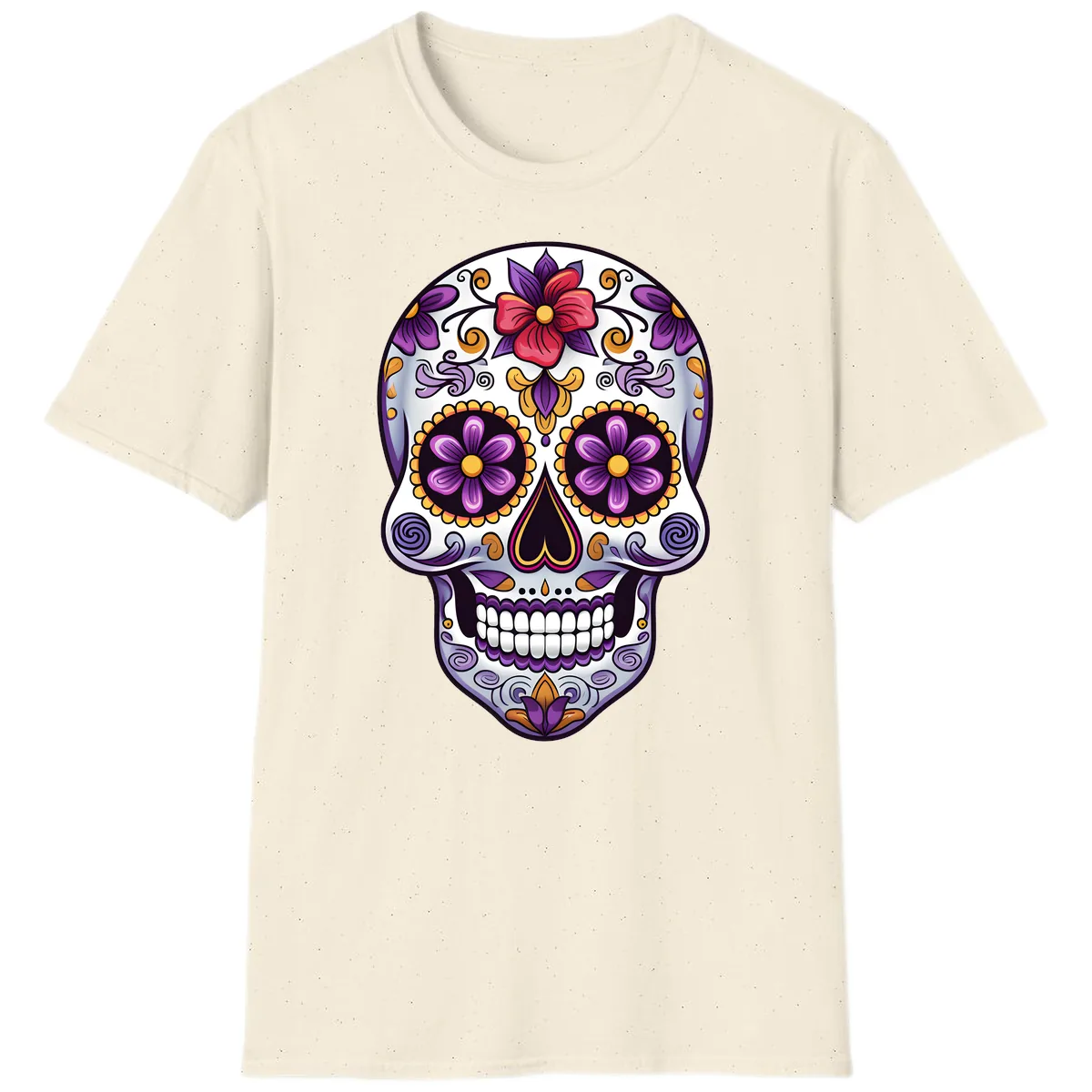 Vibrant Floral Calavera Sugar Skull T-Shirt in Natural