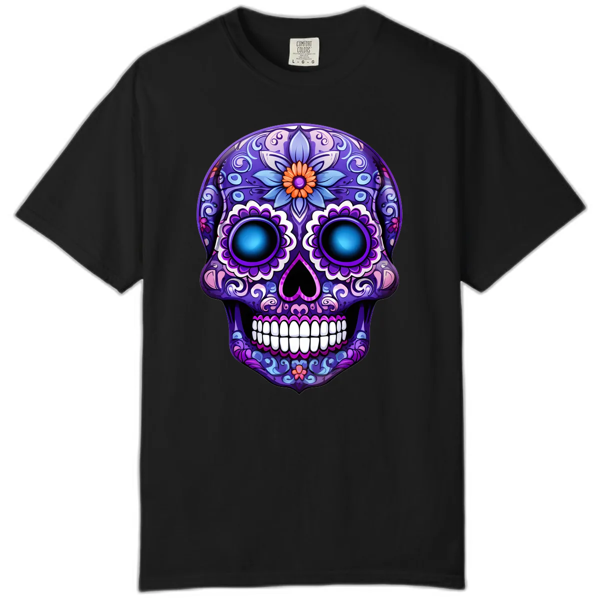 Vibrant Purple Calavera Skull with Glowing Eyes Comfort Color in Black