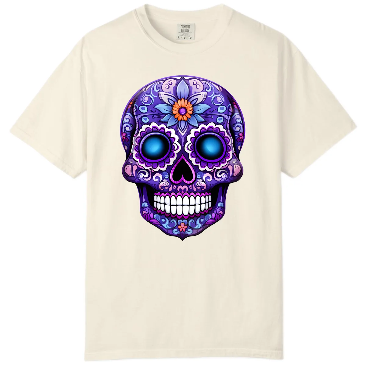Vibrant Purple Calavera Skull with Glowing Eyes Comfort Color in Ivory