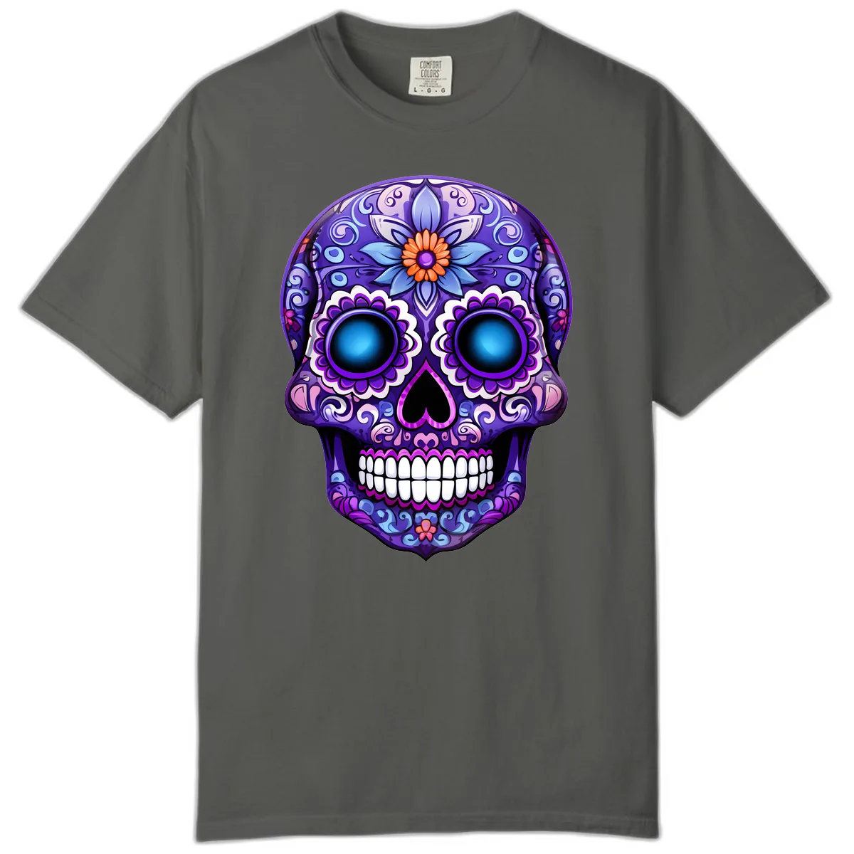 Vibrant Purple Calavera Skull with Glowing Eyes Comfort Color in Pepper