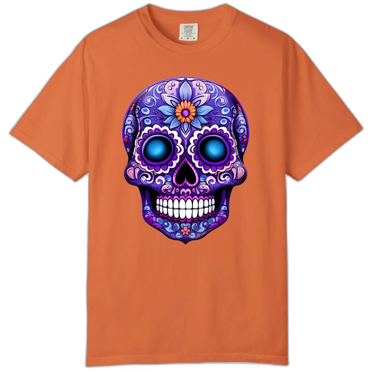 Vibrant Purple Calavera Skull with Glowing Eyes Comfort Color in Burnt Orange