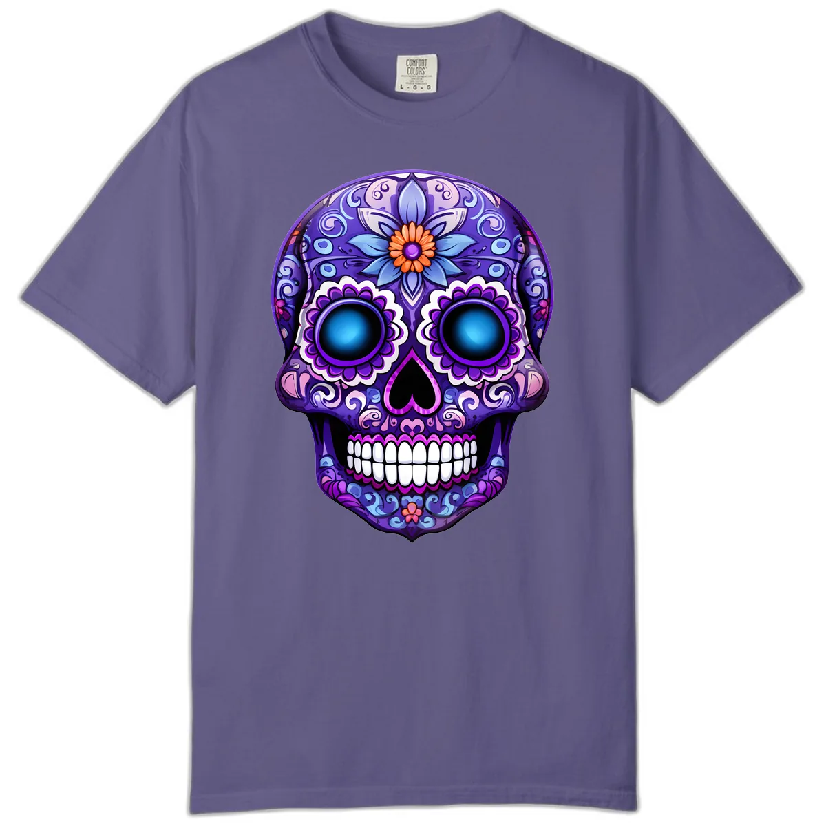 Vibrant Purple Calavera Skull with Glowing Eyes Comfort Color in Grape