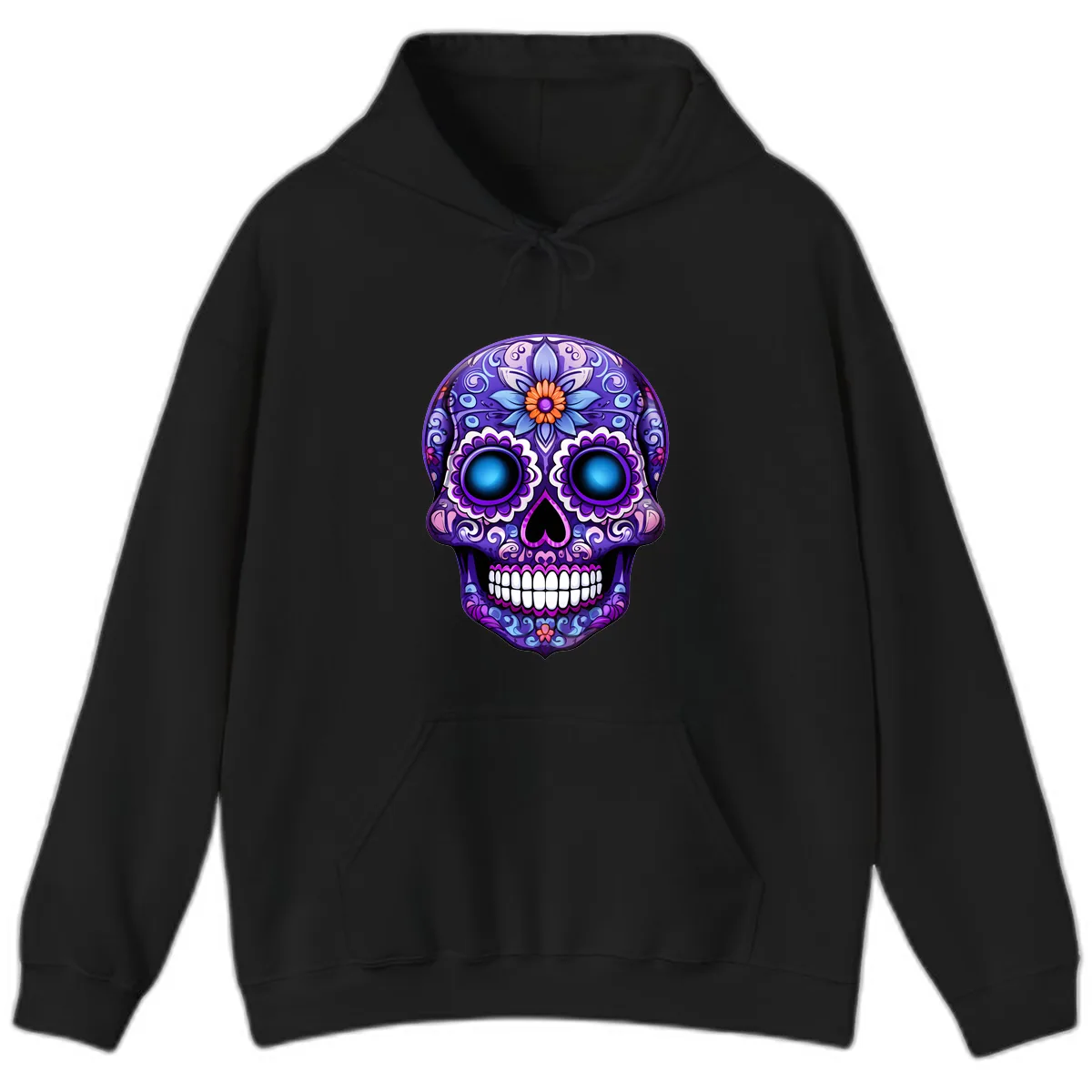 Vibrant Purple Calavera Skull with Glowing Eyes Hoodie in Black