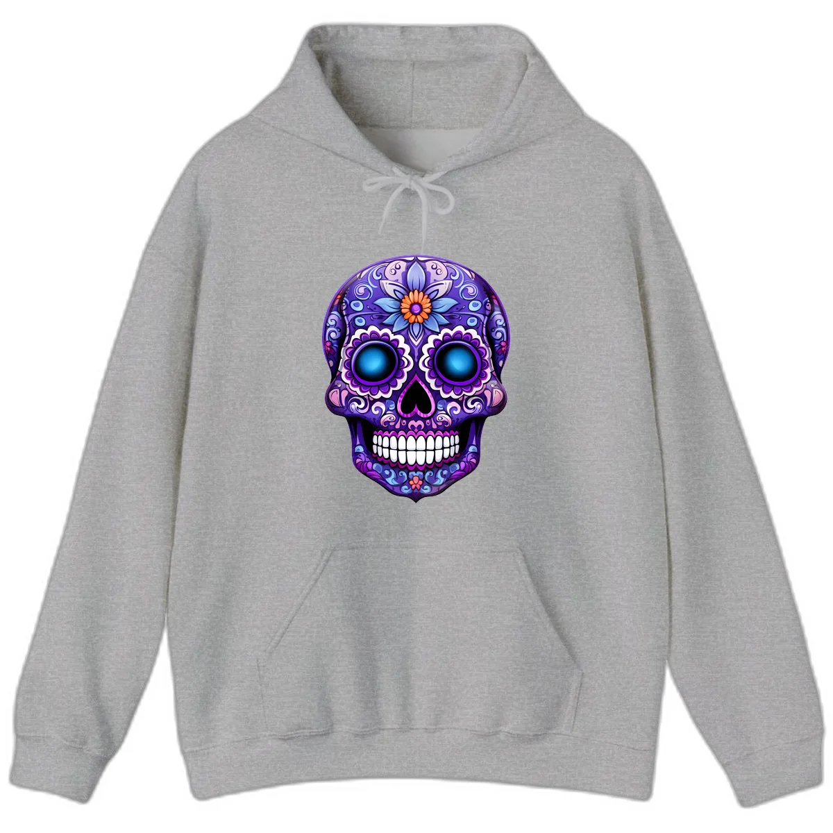 Vibrant Purple Calavera Skull with Glowing Eyes Hoodie in Sport Grey