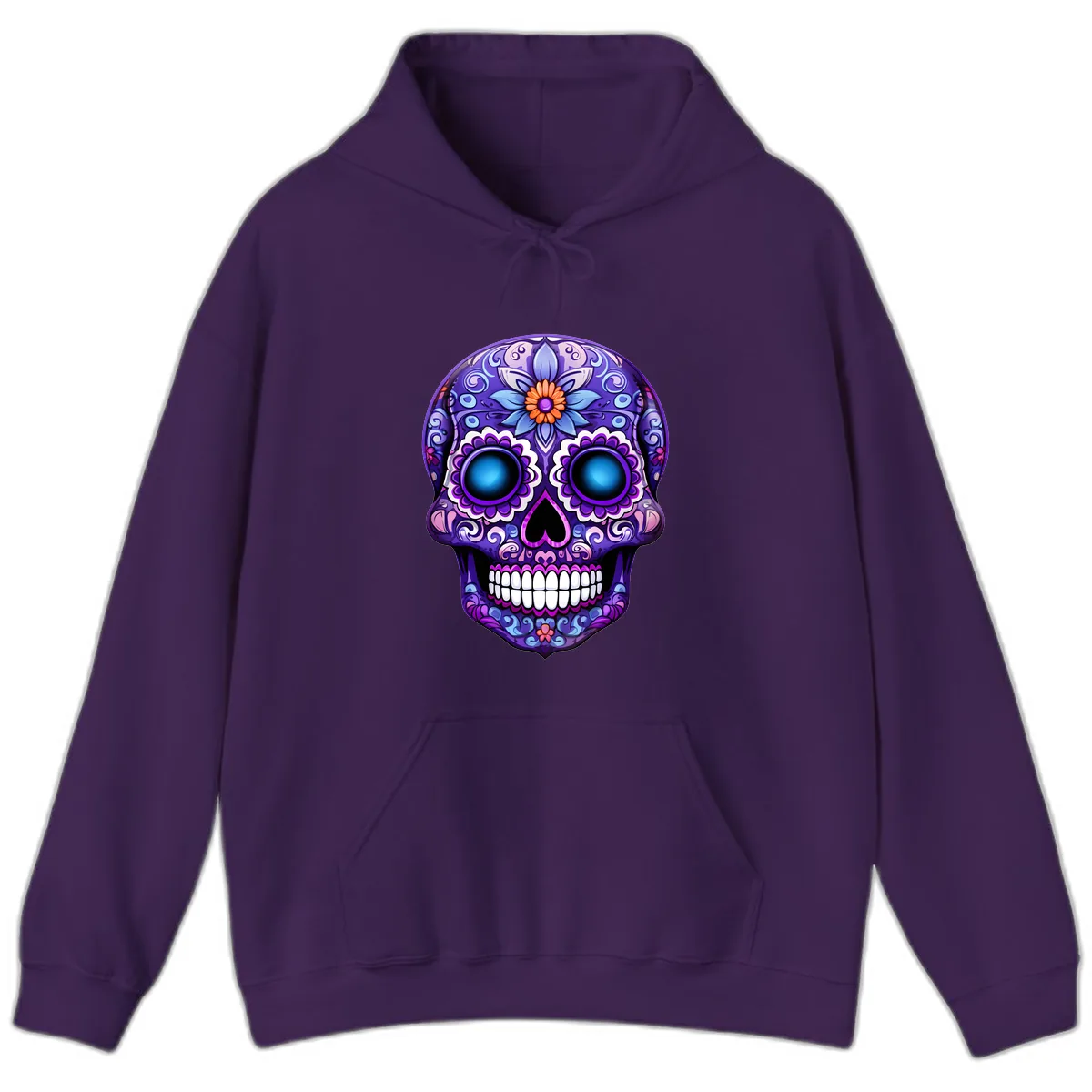 Vibrant Purple Calavera Skull with Glowing Eyes Hoodie in Purple