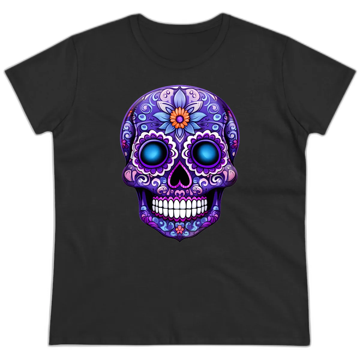 Vibrant Purple Calavera Skull with Glowing Eyes Ladies Tee in Black