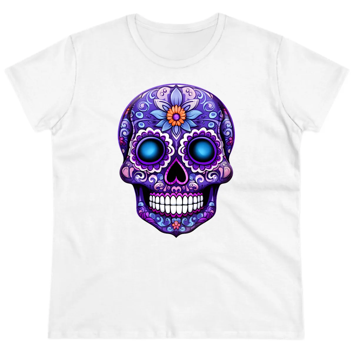 Vibrant Purple Calavera Skull with Glowing Eyes Ladies Tee in White