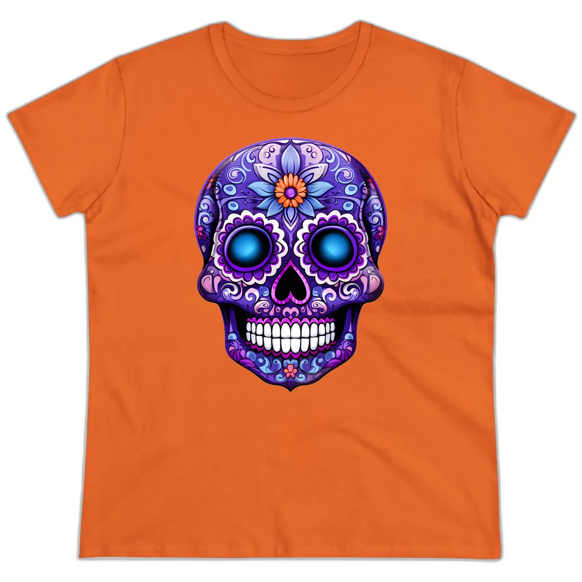 Vibrant Purple Calavera Skull with Glowing Eyes Ladies Tee in Orange