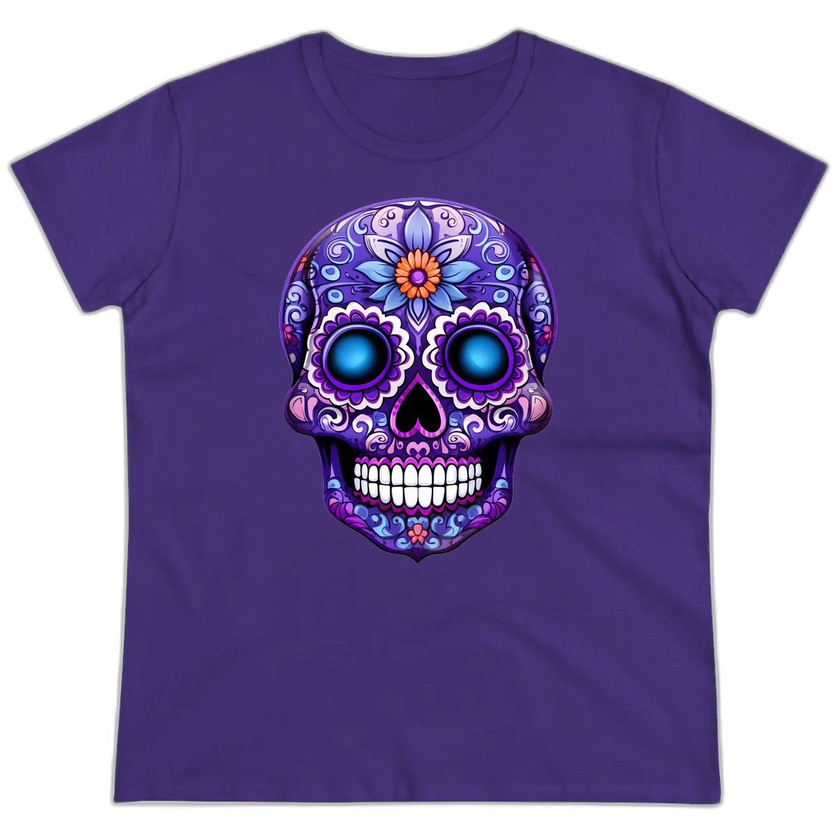 Vibrant Purple Calavera Skull with Glowing Eyes Ladies Tee in Purple
