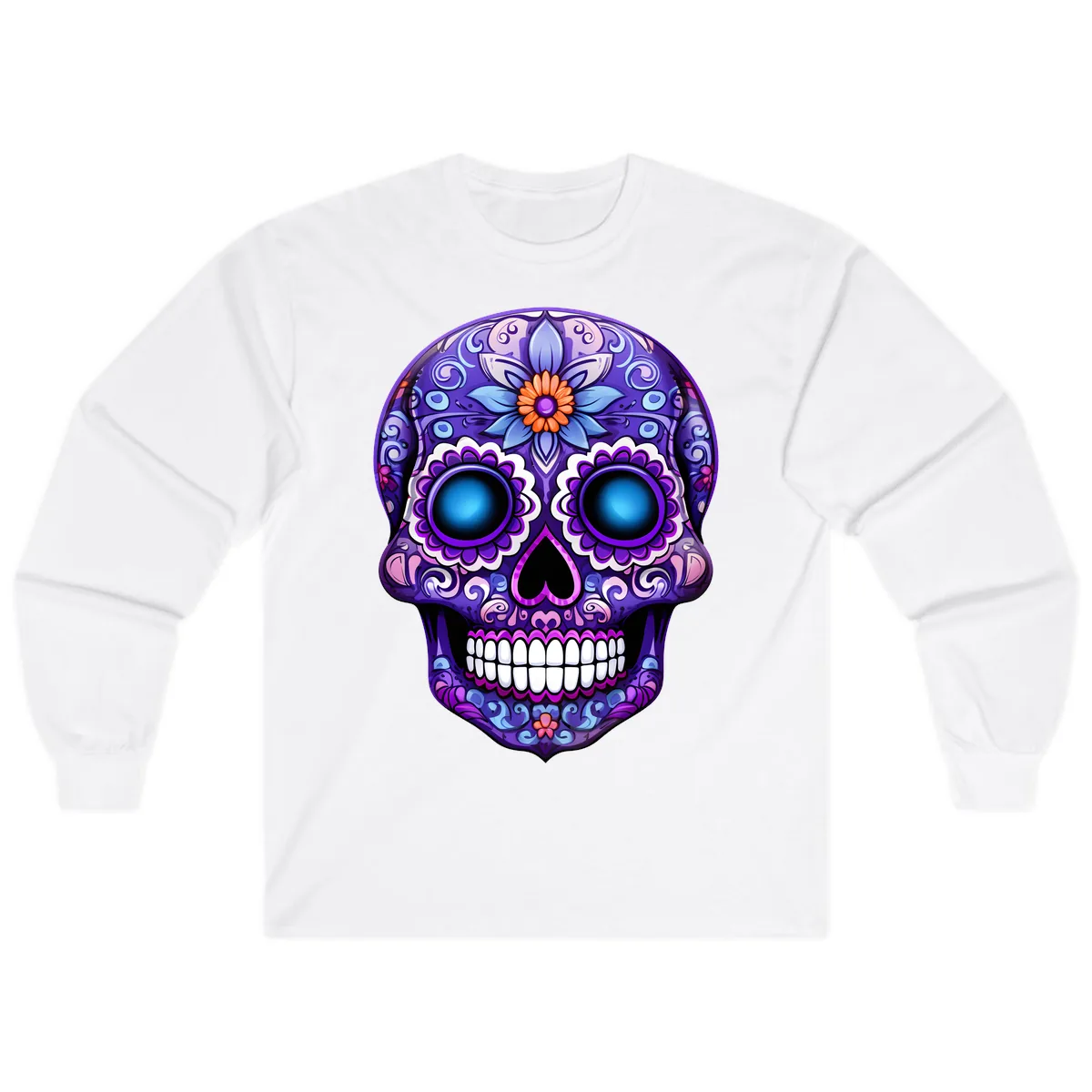 Vibrant Purple Calavera Skull with Glowing Eyes Long Sleeve in White
