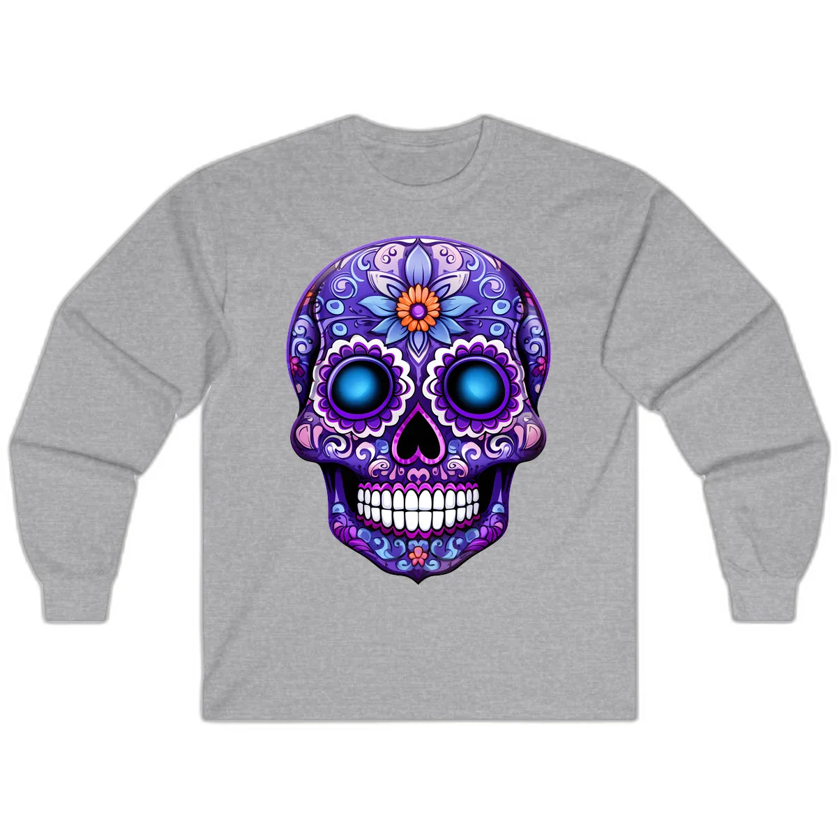 Vibrant Purple Calavera Skull with Glowing Eyes Long Sleeve in Sport Grey