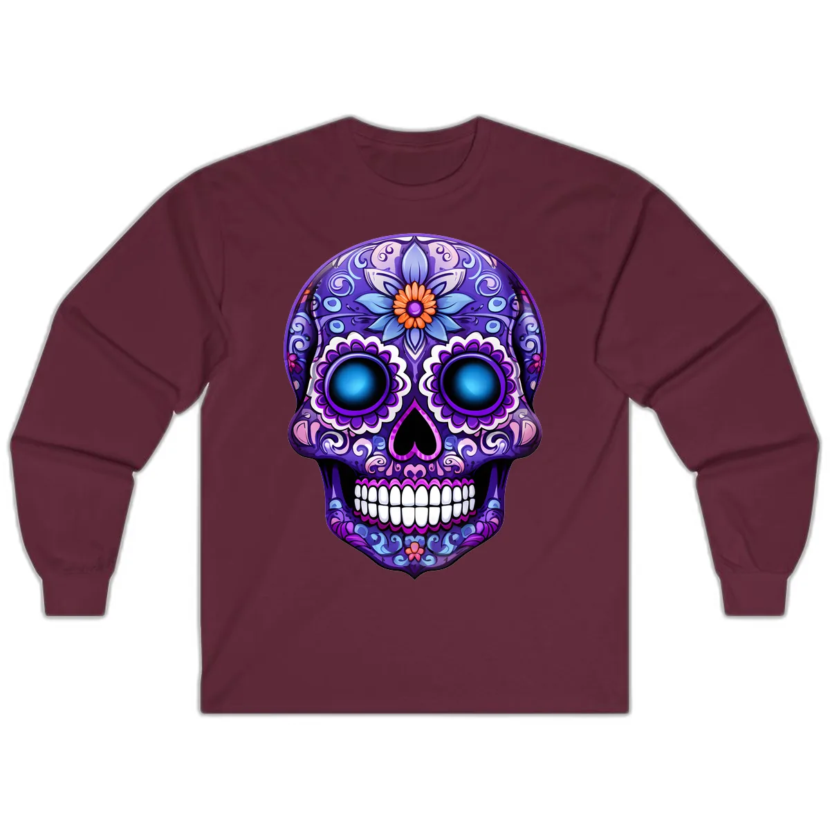 Vibrant Purple Calavera Skull with Glowing Eyes Long Sleeve in Maroon