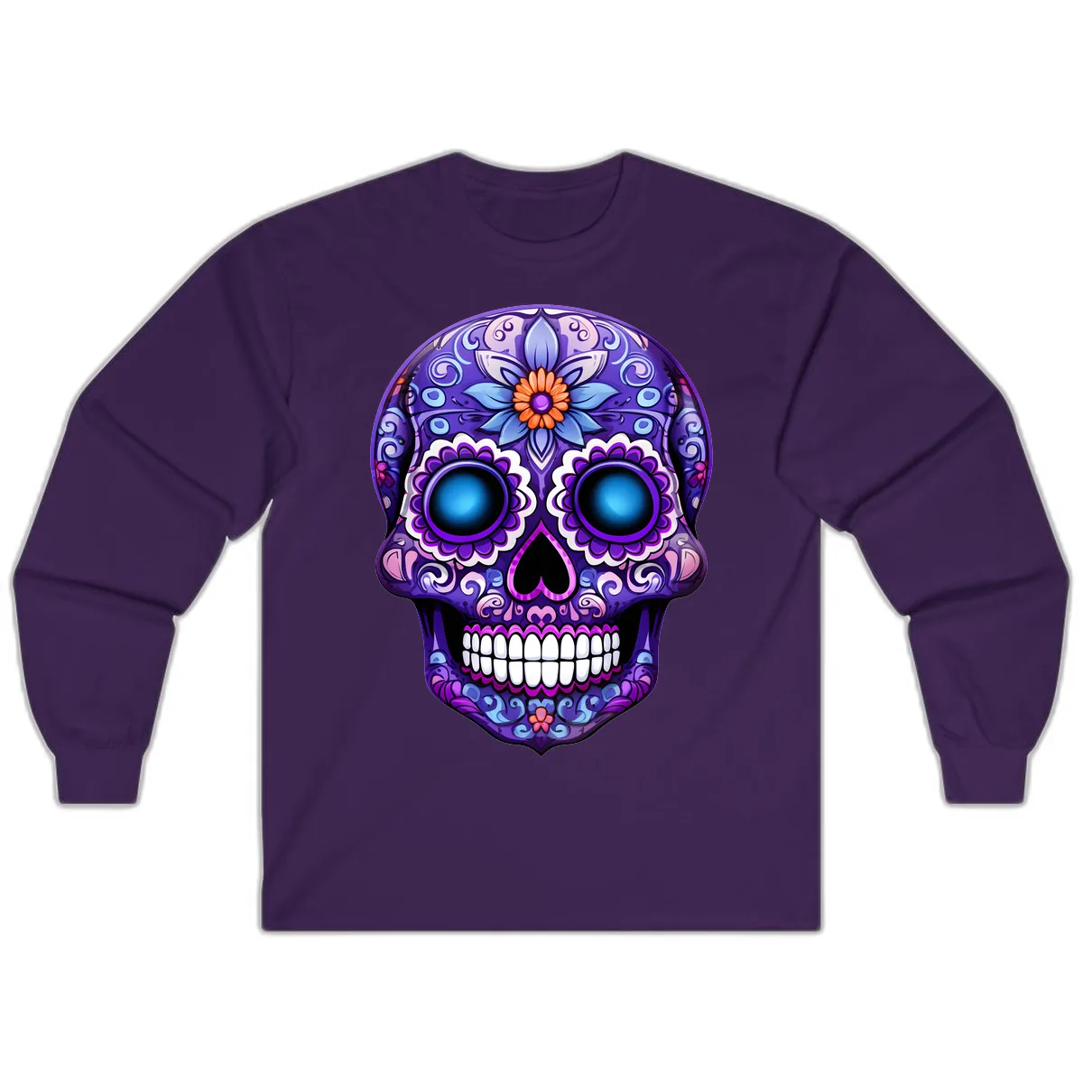 Vibrant Purple Calavera Skull with Glowing Eyes Long Sleeve in Purple