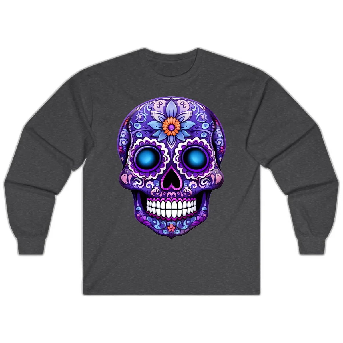 Vibrant Purple Calavera Skull with Glowing Eyes Long Sleeve in Dark Heather
