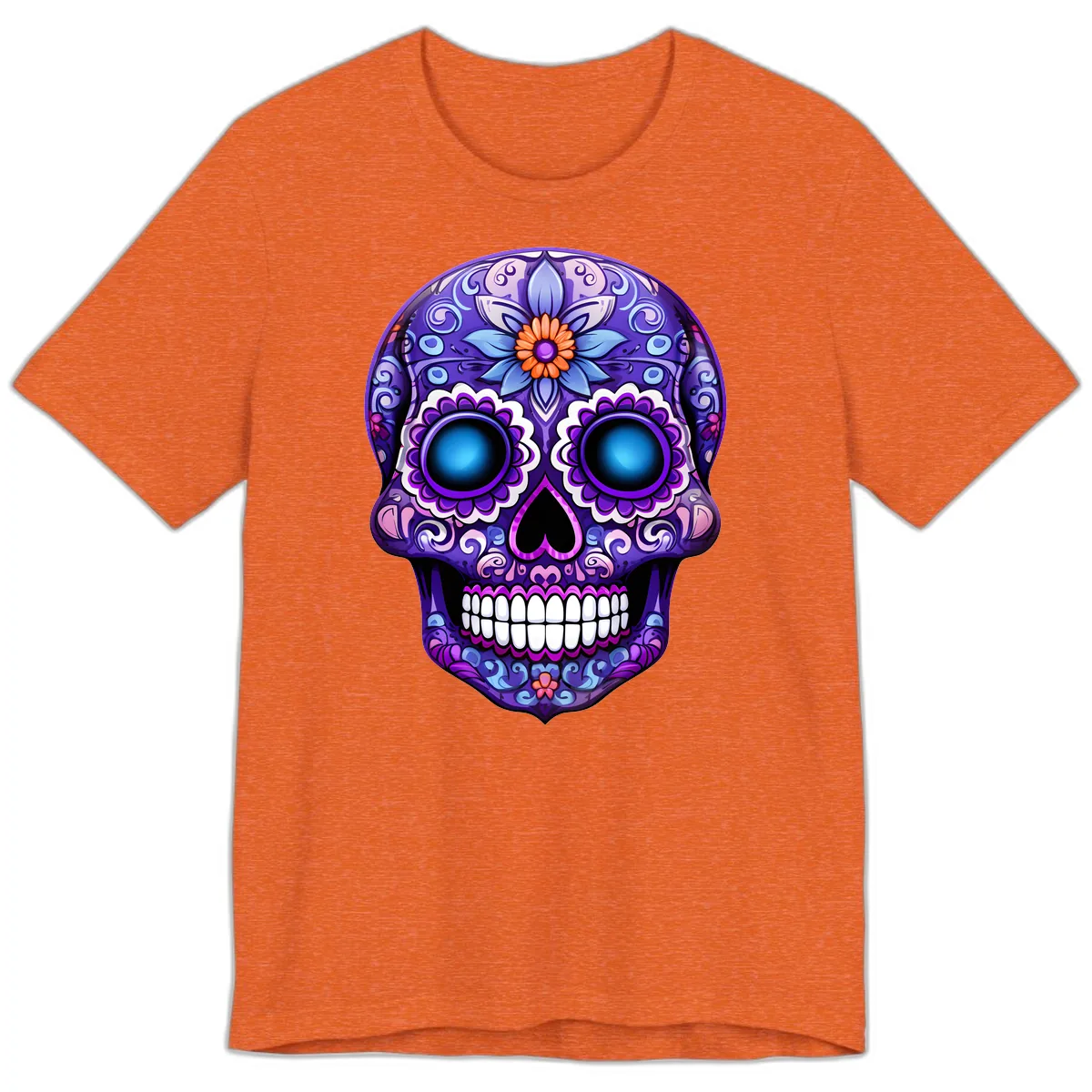 Vibrant Purple Calavera Skull with Glowing Eyes Premium T-Shirt in Heather Orange
